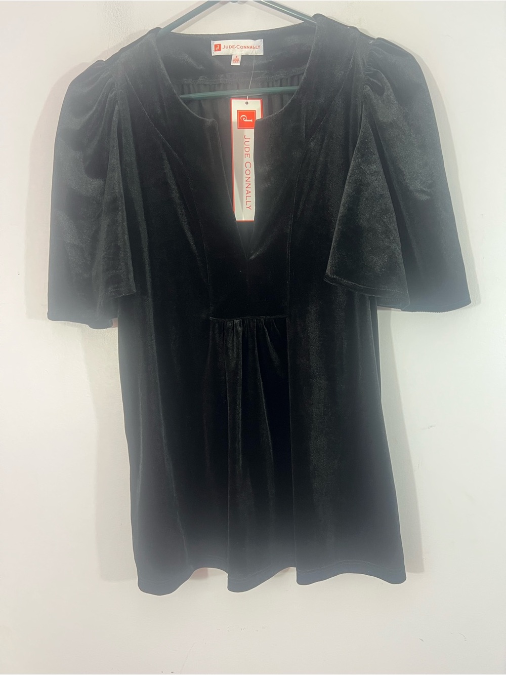 Jude Connally Black Velvet Top Size S NWT Bell Sleeve V Neck Made USA